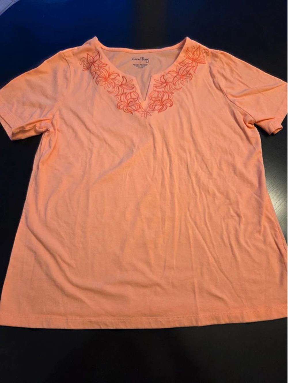Coral Bay Women's Coral Short Sleeve T-Shirt with Floral Embroidery, Size L